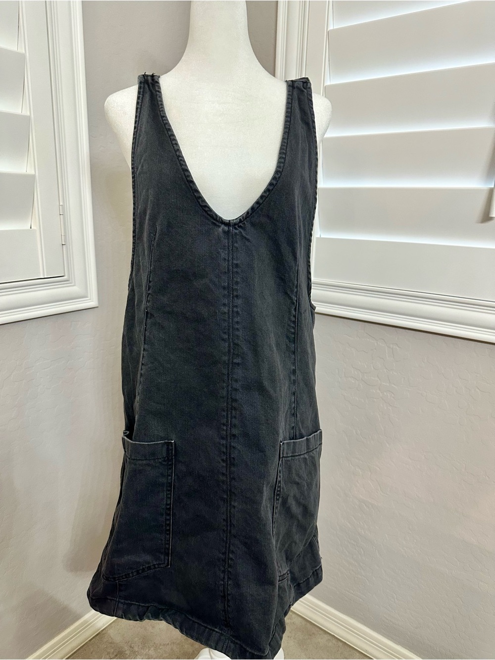 We the Free Washed Black Denim V-Neck Pinafore Dress